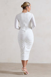 White Ruched Long-Sleeve Midi Dress